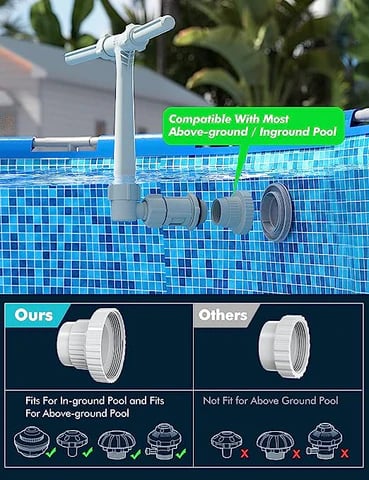 【Perfect for Most Swimming Pools】 Simple additional adapter design compatible with most 1 ½" Inground Pool return jet and 1 ½" / 1 ¼" Above Ground Pool inlet/outlet fittings.