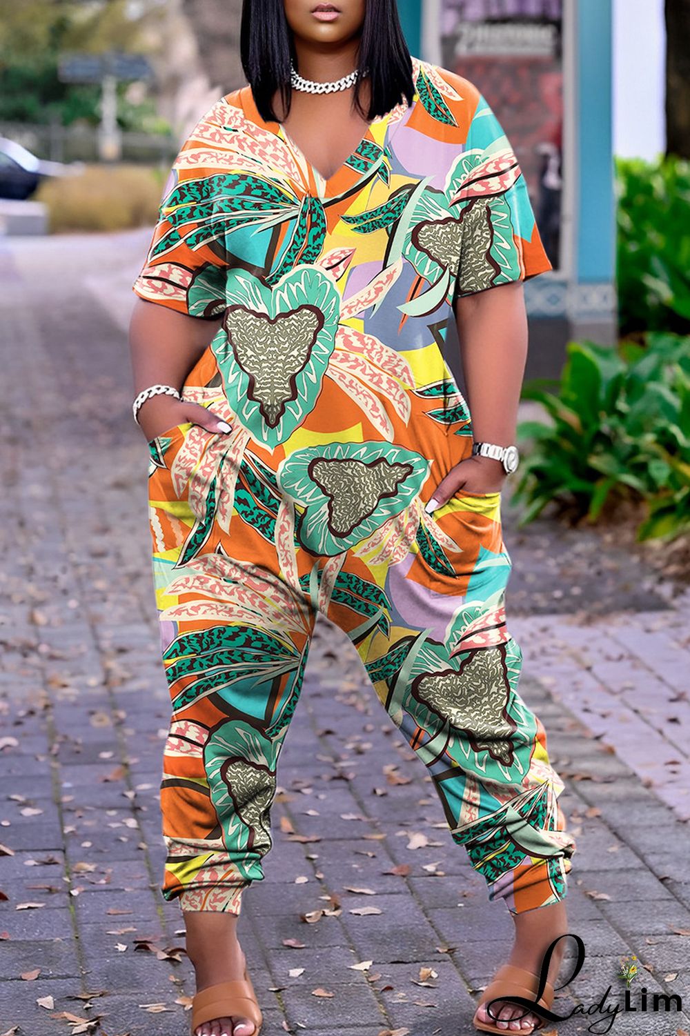 Pink Casual Print Patchwork V Neck Regular Jumpsuits