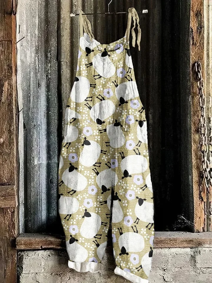 Women's Farm Sheep Print Linen Blend Casual Jumpsuit