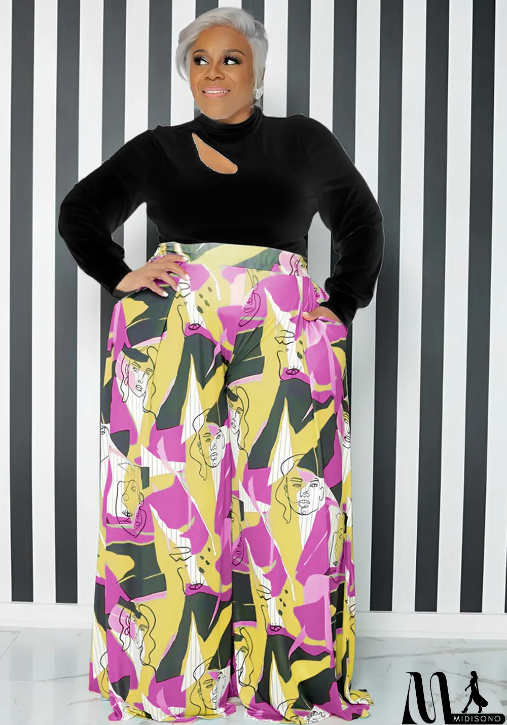 MidiSono - Casual Women'S Cutout Long Sleeve Top Pocket Print Wide Leg Pants Plus Size Fashion Casual Two Piece Pants Set