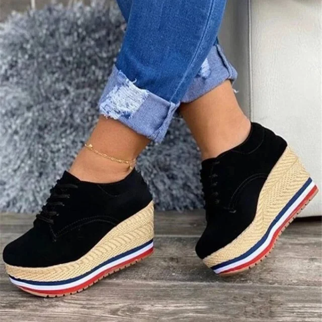 PU Solid Color Wedges Lace-up Braided Edge Casual Platform Shoes Women's Single Shoes 2022New Fashion All-match Increase Shoes