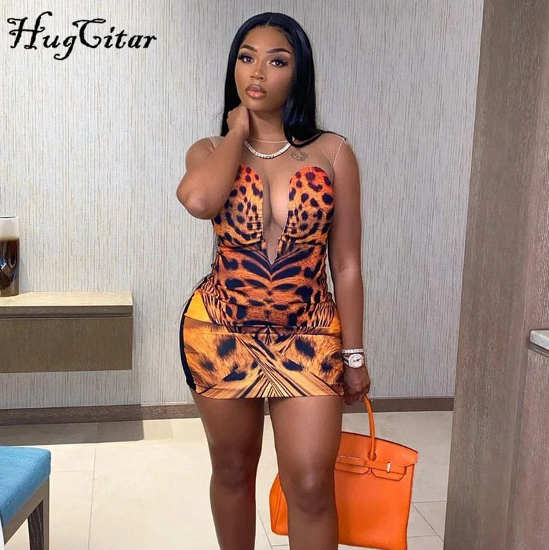 Hugcitar 2021 Sleeveless Tiger Printing Lace O-Neck Sexy Mini Dress Summer Women Fashion Party Club Outfits Y2K Robe Kpytomoa