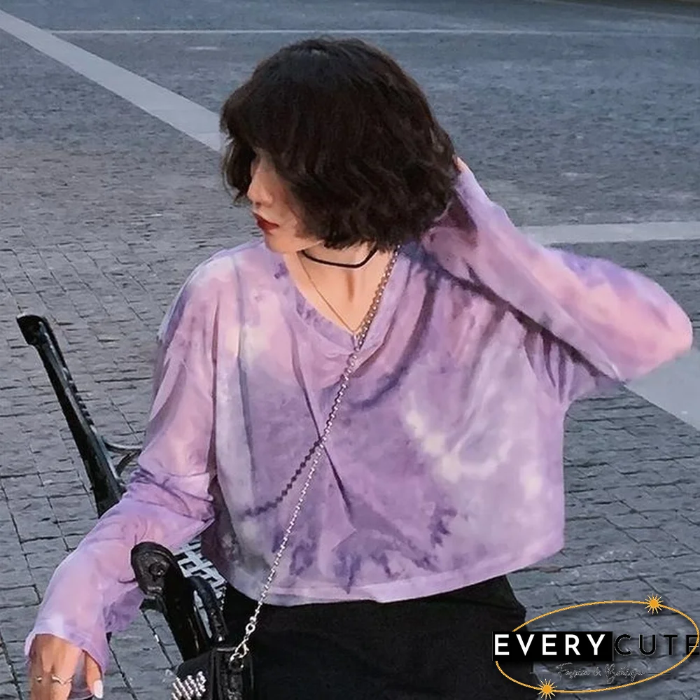 Long Sleeve T-Shirts Women Tie Dye Cropped Translucent Loose College Sun-Proof Fashion Summer Thin Tops Design All-Match Mujer