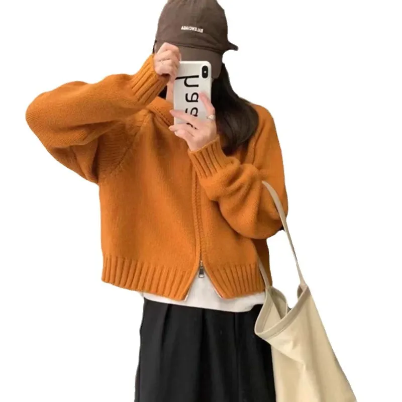 Churchf Churchf Style Multi-Color Hooded Double Zipper Knit Cardigan Women's New Short Hair Sweater Hoodie Autumn And Winter Small Coat