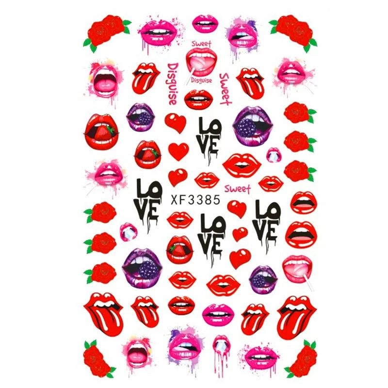 Pop Art Nails Stickers Sexy Red lips Lollipop Bubble Gum Lettering Nail Deals Sliders Wow Hot Cool Girl Style Nail Sticker Decor-Nail Inspo
