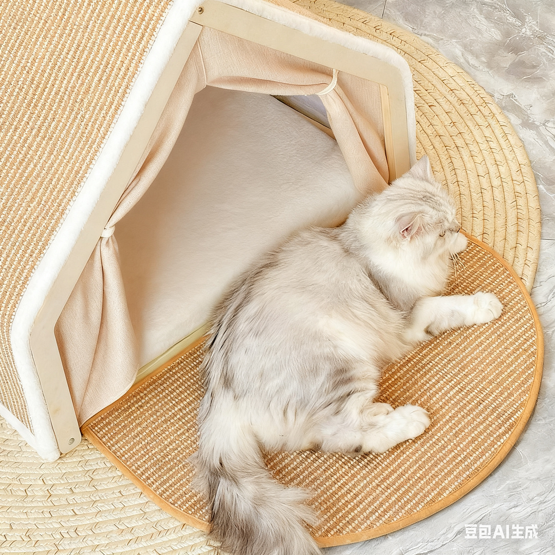 فيلا قطط مع سقف يحتوي على عمود خدش من الكتان وسجادة خدش قابلة للطي.