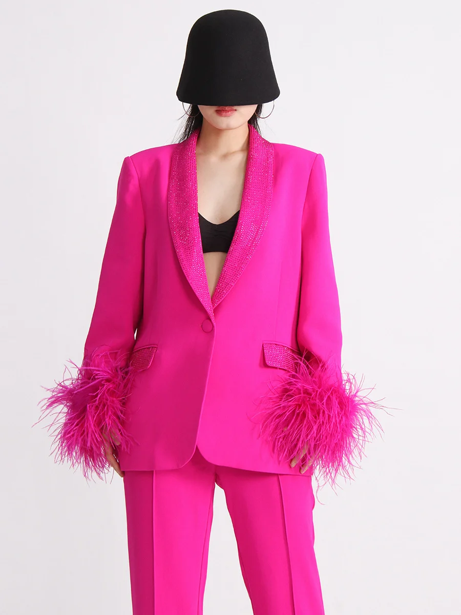 Toloer Toloer New Temperament Top Collar With Diamond Design Sense Cuff Stitching Ostrich Hair Long Sleeve Suit Spring Style-Outfit Ideas