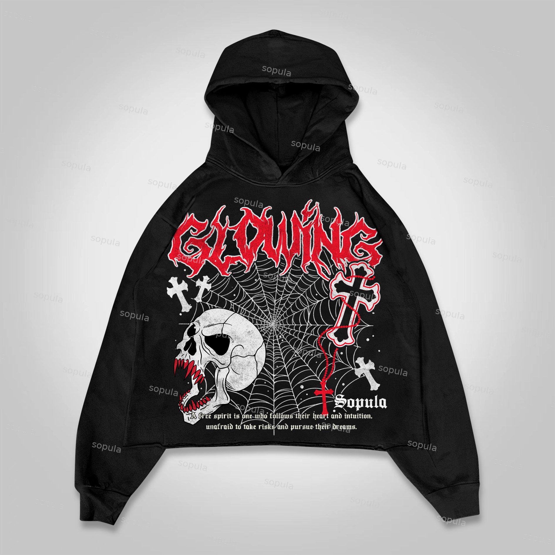 Sopula Vintage Skull Spider Web Cross Cropped Hoodie