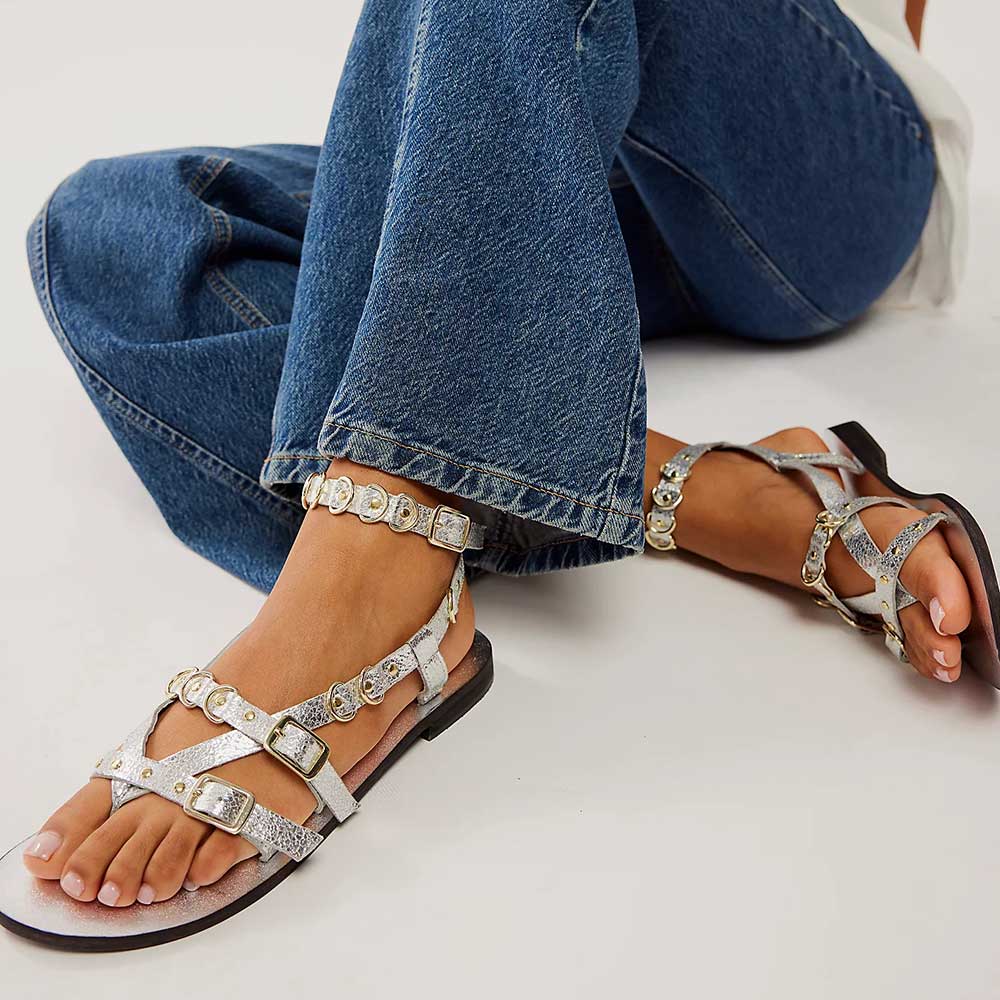 Silver Vegan Leather Distressed Buckle Fastening Strap Studded Sandals Nicepairs