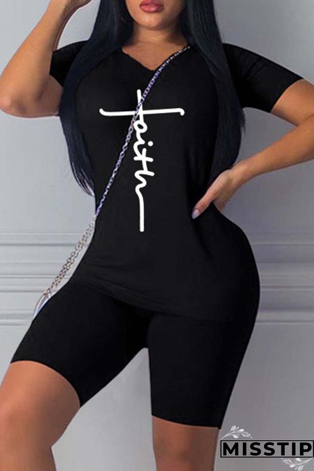 Black Casual Print Basic V Neck Short Sleeve Two Pieces