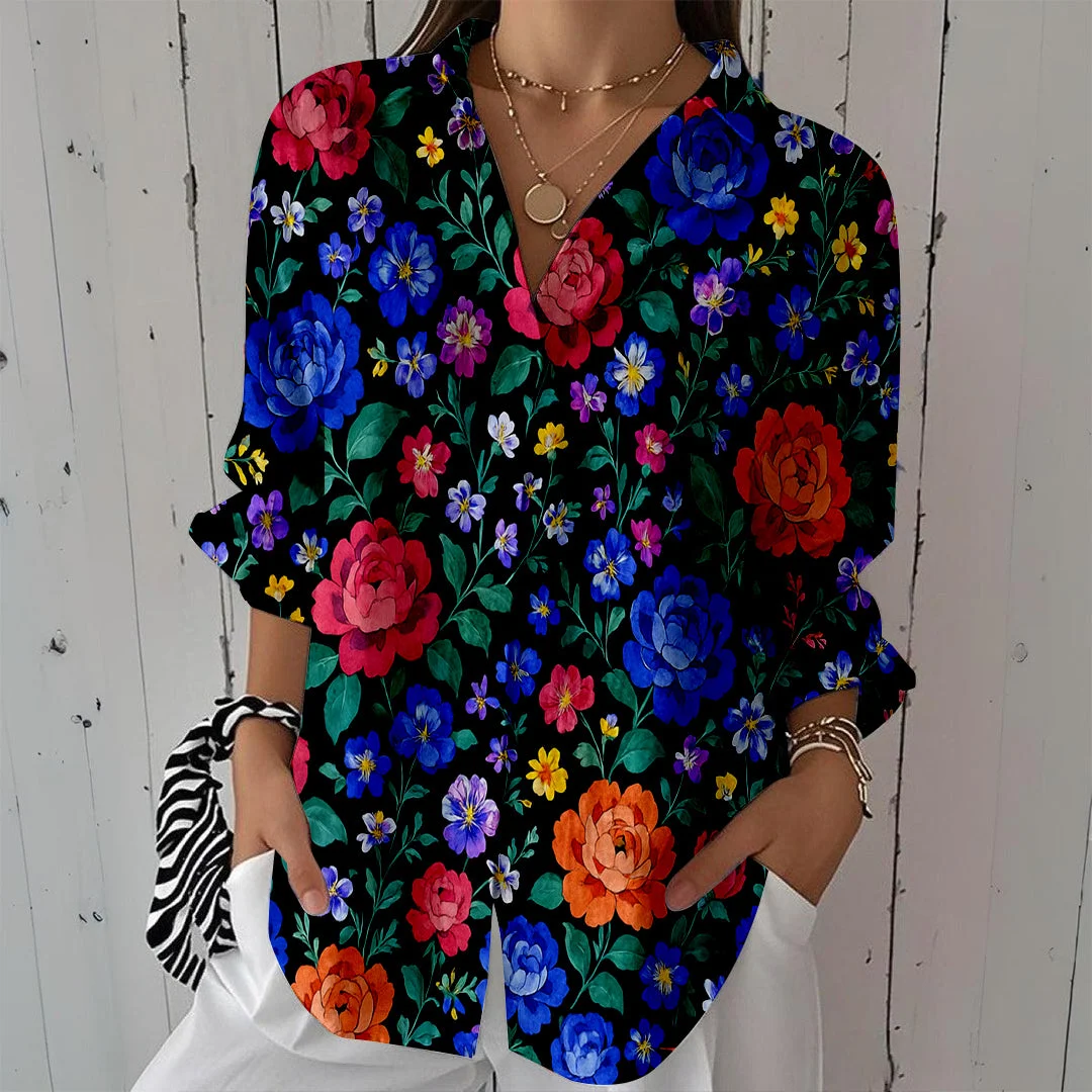 Style & Comfort for Mature Women Women Floral, Purple, Red DZCL0348 3/4 Sleeve Shirt Collar Printed Button Tops