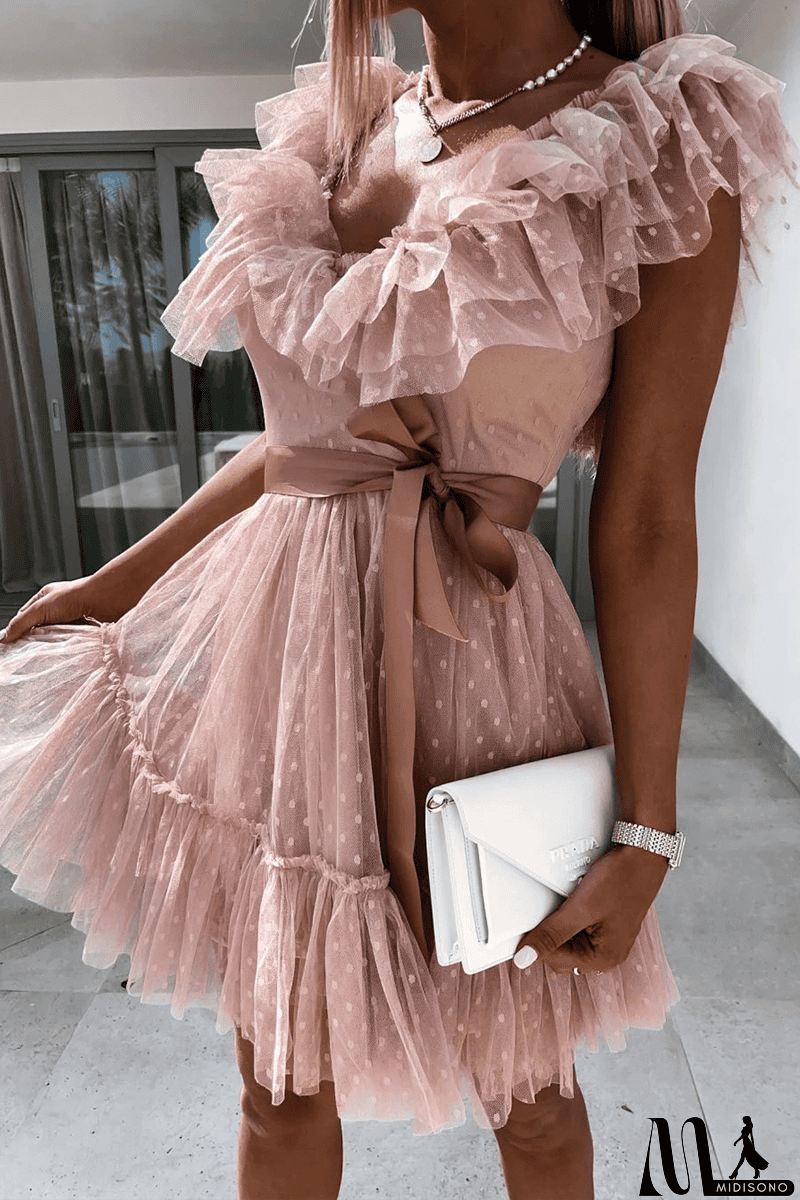 MidiSono - Dot Mesh V Neck Cake Skirt Dresses