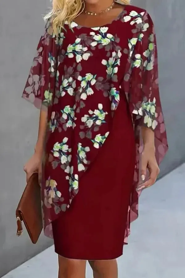 Chiffon Floral Print Crew Neck Casual Mini Dress