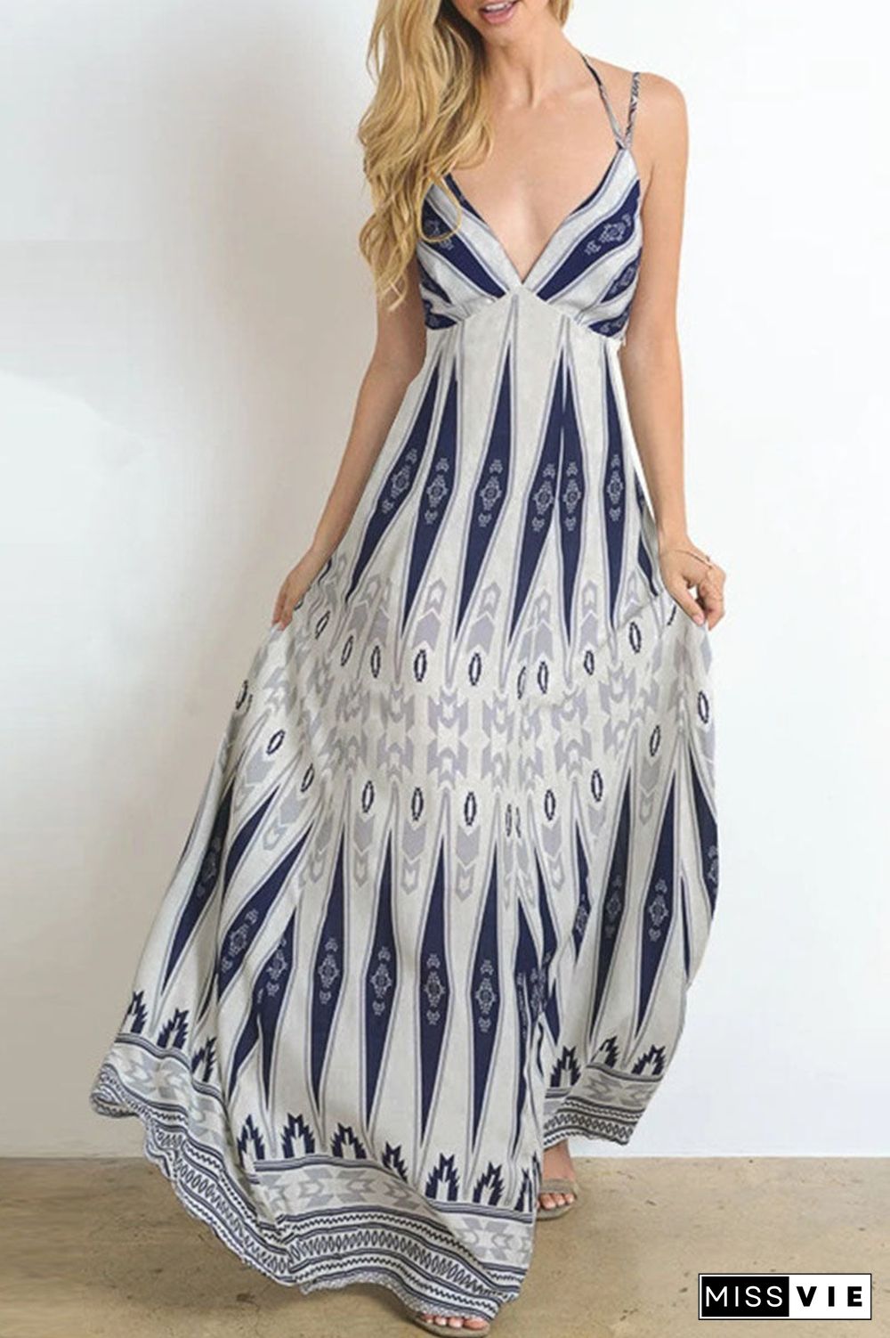 Fashion Bohemian Print Split Joint Backless V Neck A Line Dresses