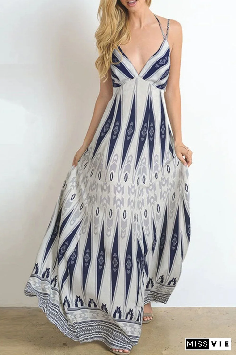Fashion Bohemian Print Split Joint Backless V Neck A Line Dresses