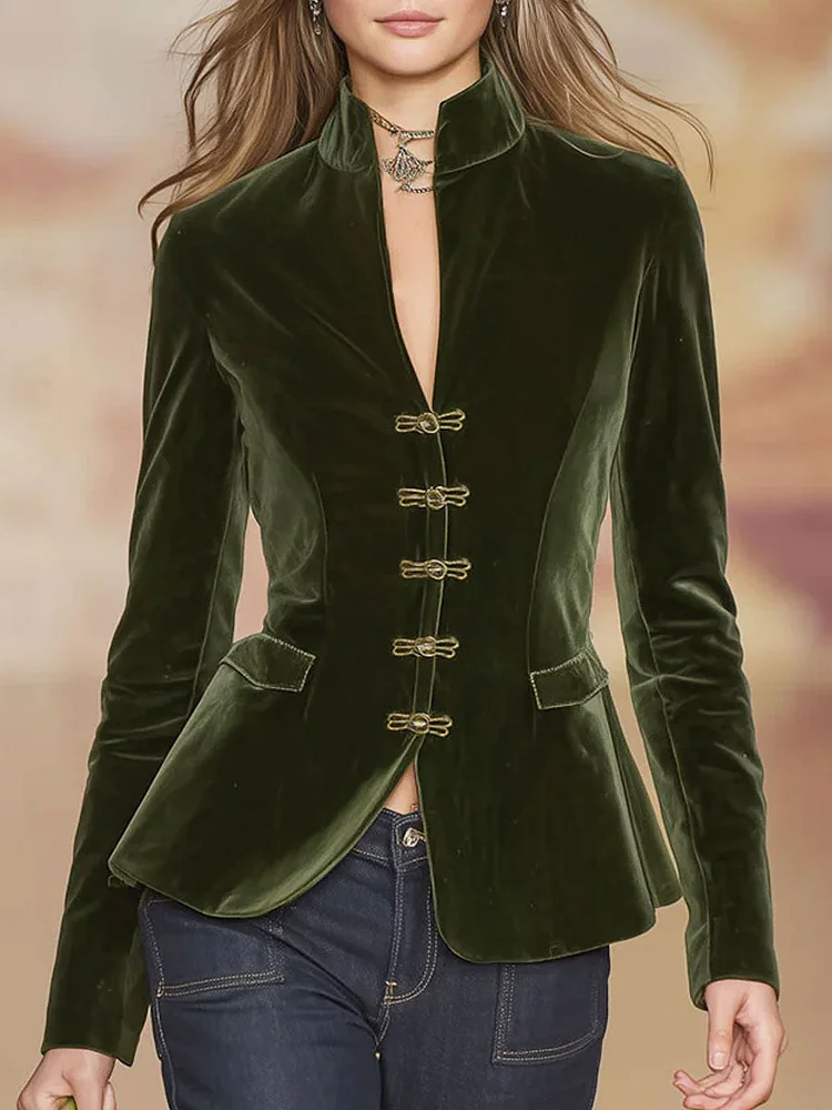 【24-hour shipping out】Elegant Retro Gold-buttoned Dark Green Velvet Blazer