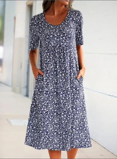 Plus Size Floral Pockets Midi Short Sleeve Dress