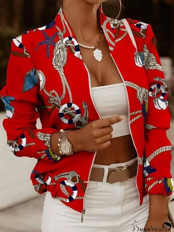 Women's Jackets Zip Embellished Printed Long Sleeve Jacket