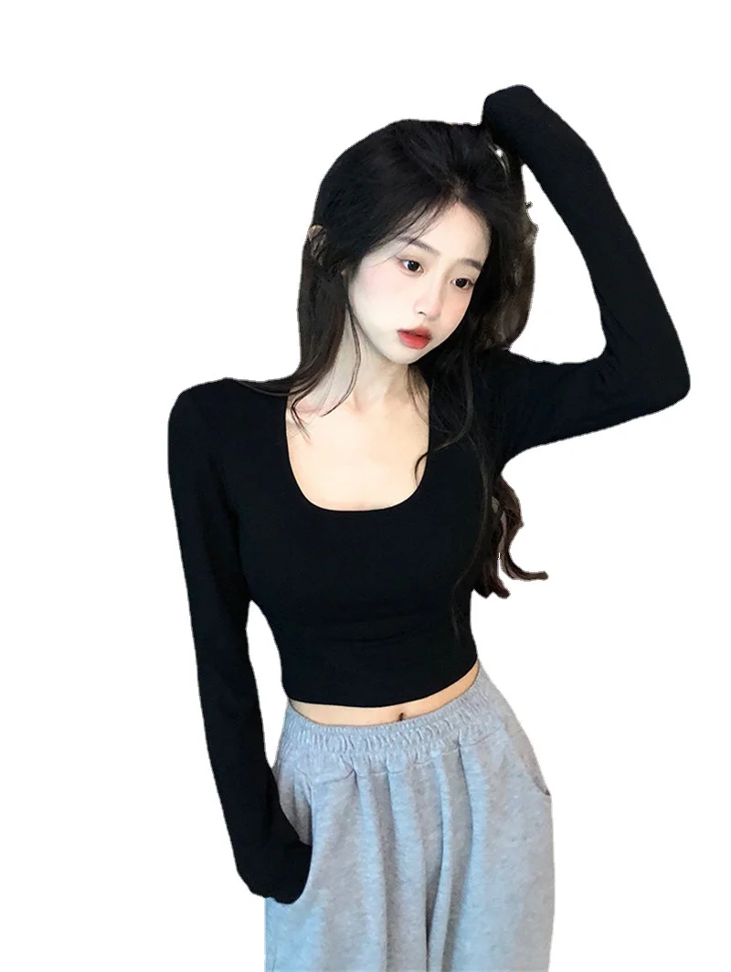 Uveng Uveng 2023 New Pure Desire Wind Hot Girl Big U Collar Show Slim Short White Long Sleeve T Shirt Jacket Women's Fashion