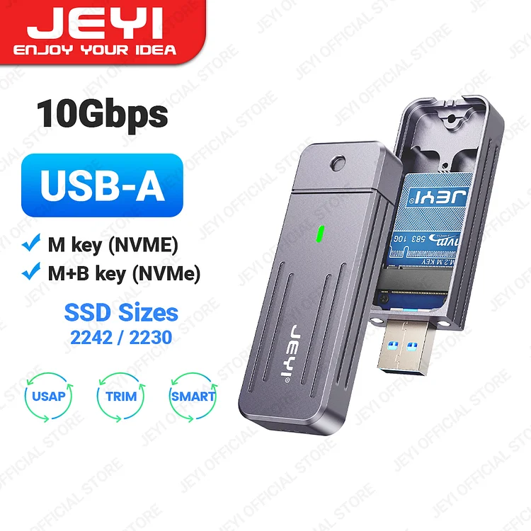 JEYI Direct-attach M.2 NVMe Enclosure, USB-A Plug USB 3.2 10Gbps In-line Aluminum 2242 2280 SSD Case With Magnet Protective Case