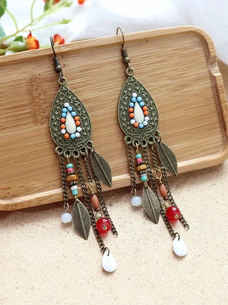 Retro Leaf Bead Tassel Water Drop Shaped Earrings