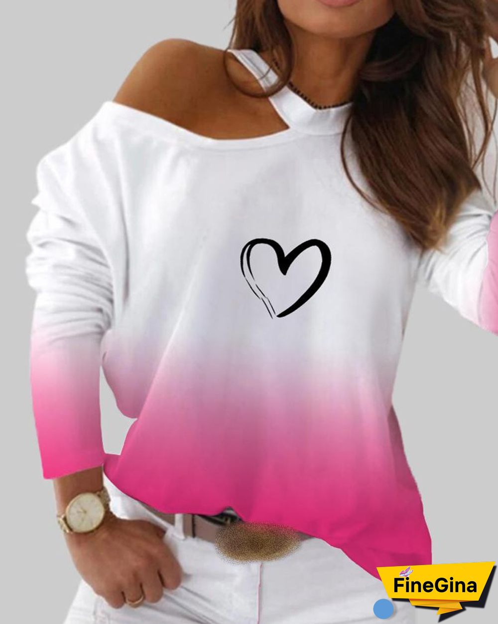 Colorblock Heart Print Cold Shoulder Top P10944