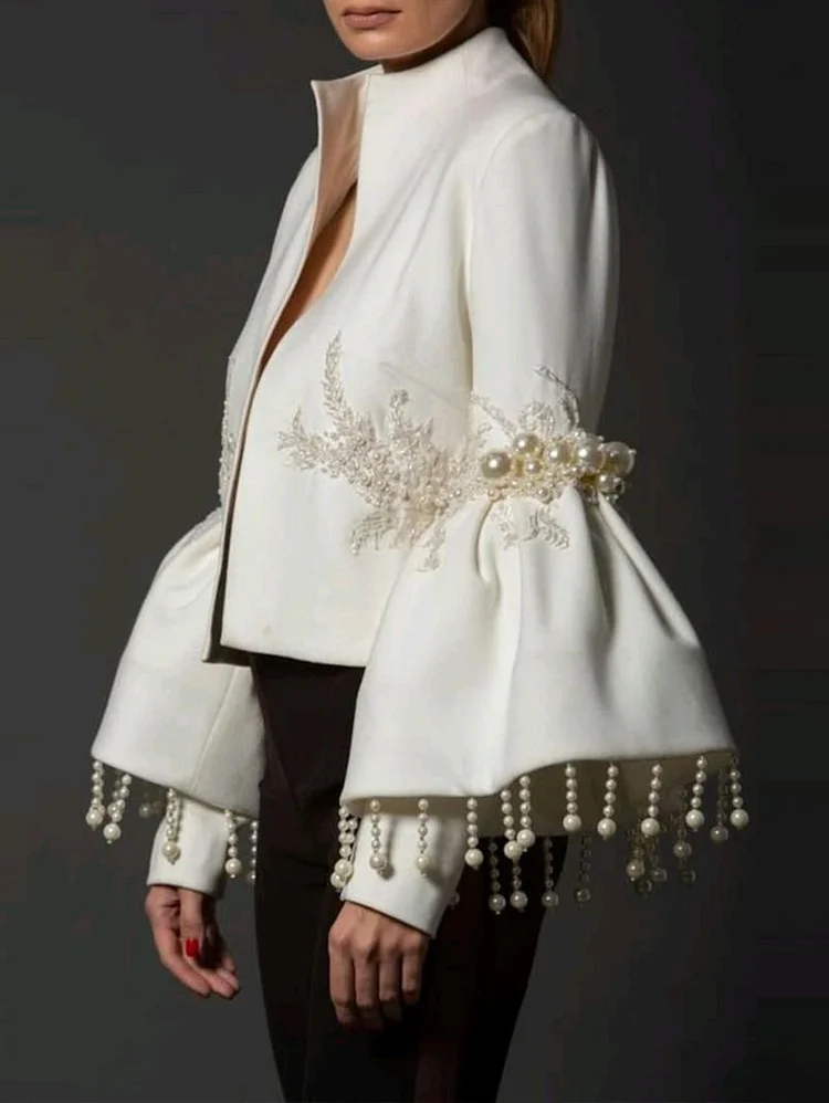 Fashion Stand Collar Pearl Fringed Decor Embroidery Flare Sleeve Coat