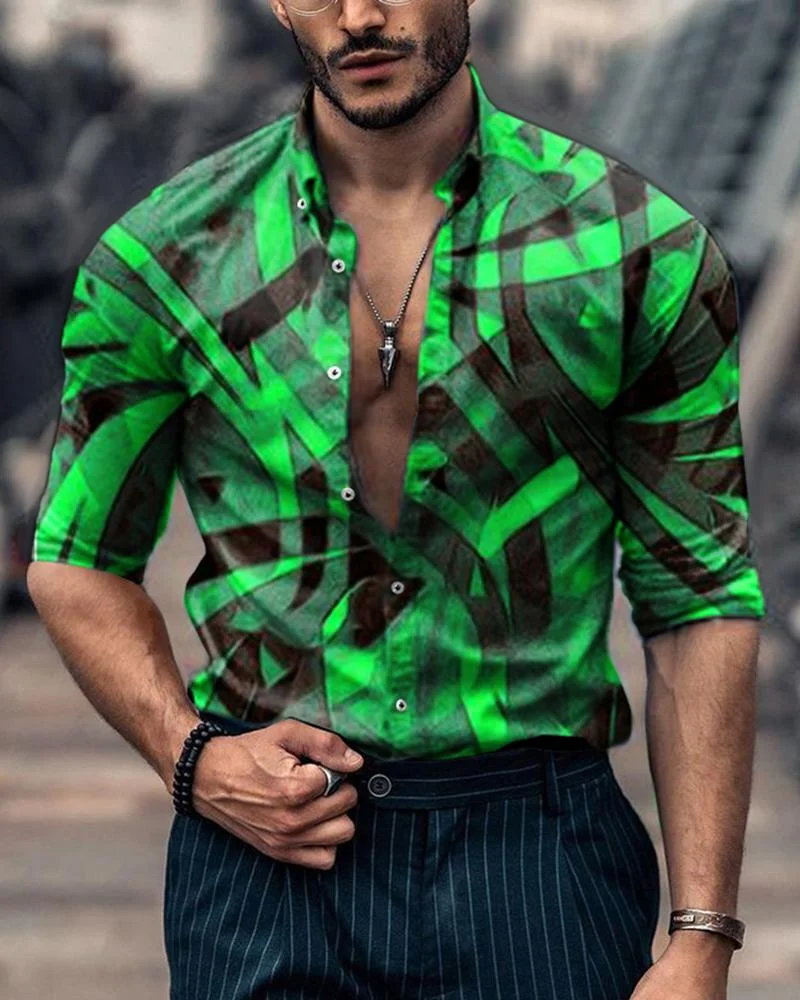 Men's Fashion Abstract Green Line Printing Long-Sleeved Shirt