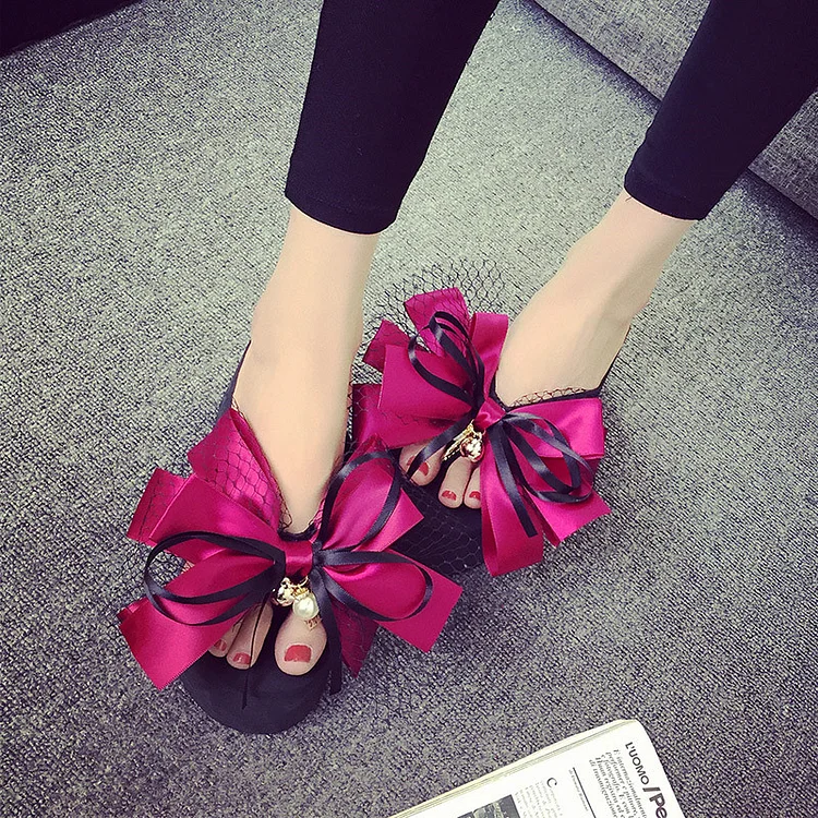 Cute Hot Pink Bow Wedge Flip Flop Platform Sandals Vdcoo