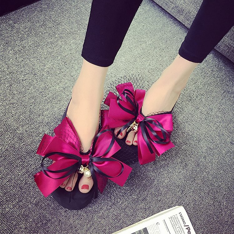 Hot Pink Satin Bow Wedge Flip Flops Cute Platform Sandals |FSJ Shoes