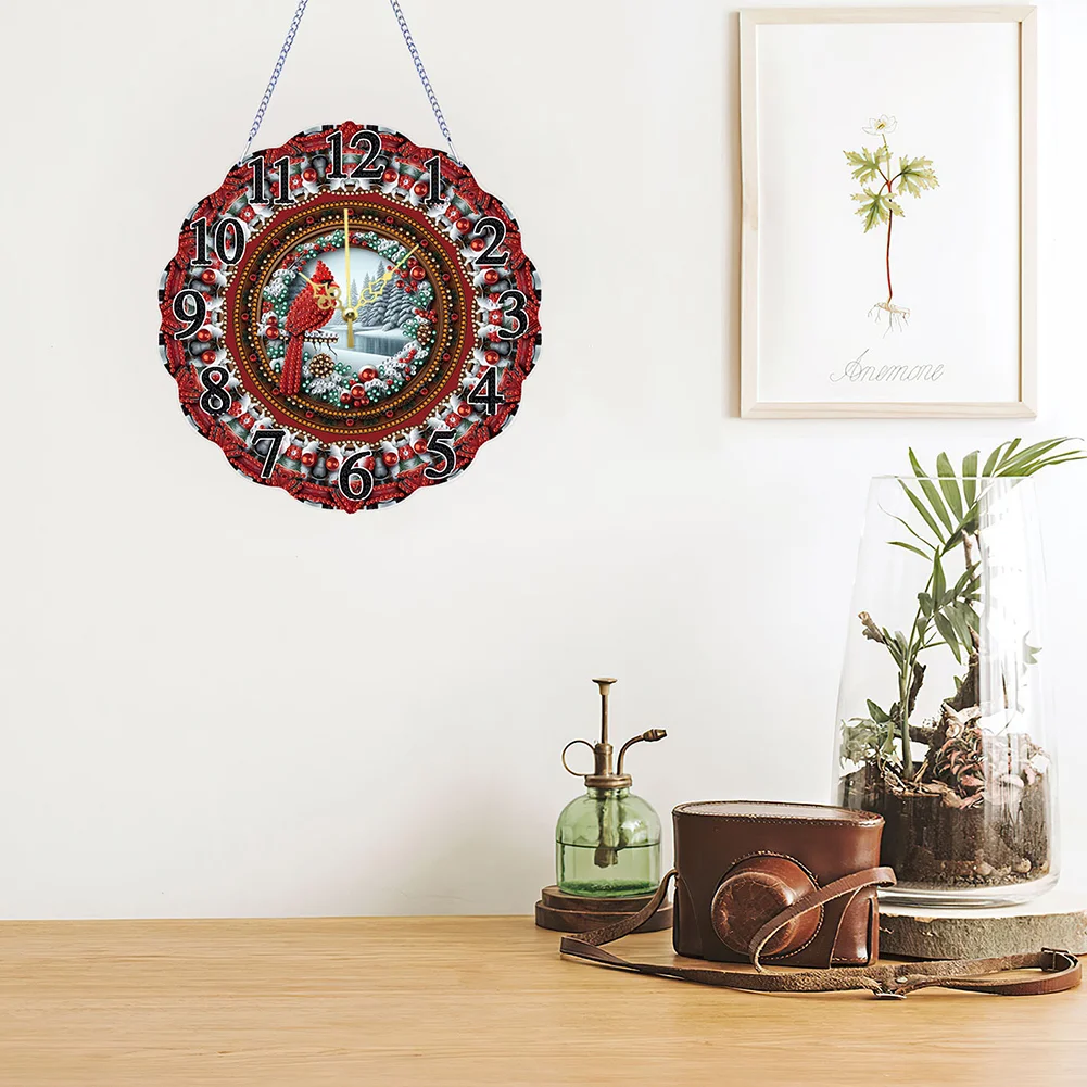DIY Cardinal Special Shape Diamond Painting Hanging Clock for Home Decor
