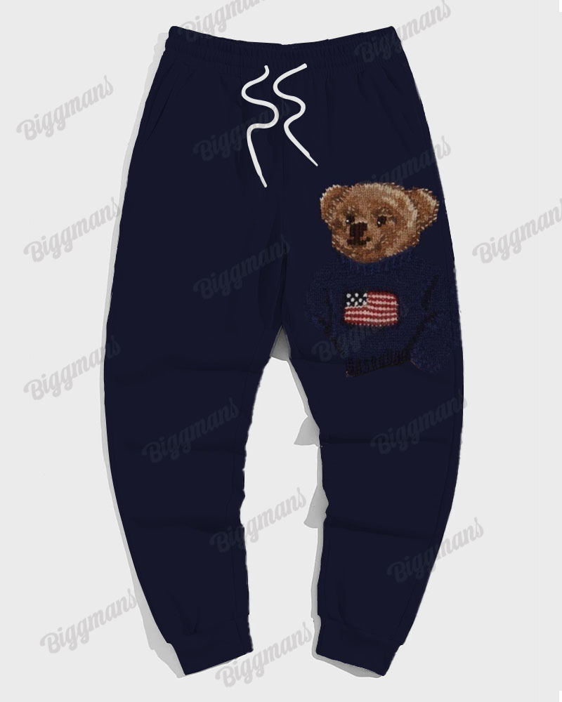 Men's Casual Vintage Blue Newspaper Patchwork Bear Print Plus Size Sweatshirt Suit