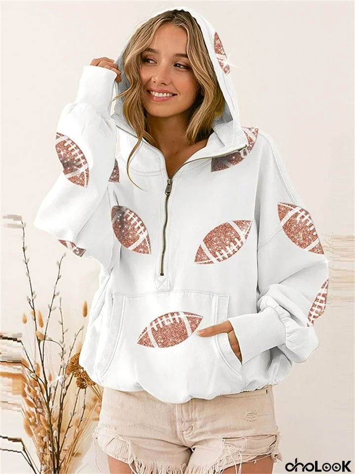 Ladies Stylish Rugby Sequin Half-zip Hoodie