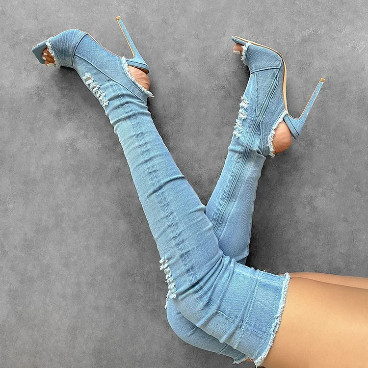 Women'S Light Blue Denim Boots Square Peep Toe Stiletto Heels Elegant Thigh Boots |FSJ Shoes