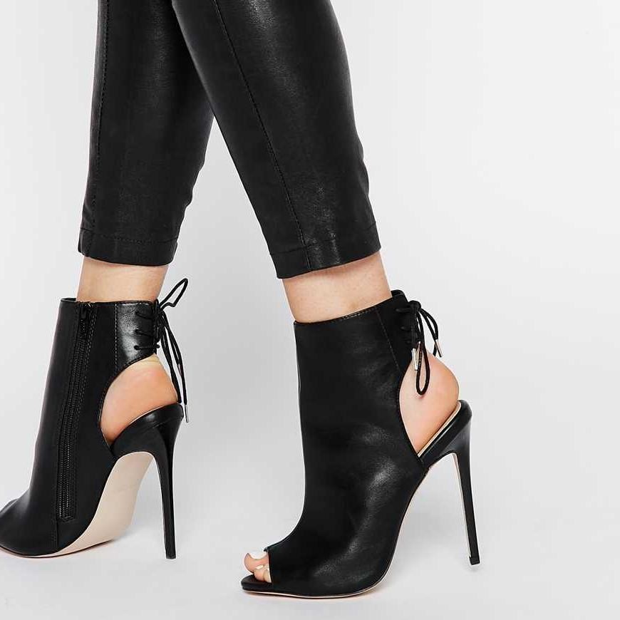 Black Peep Toe Stiletto Heel Slingback Lace Up Ankle Boots