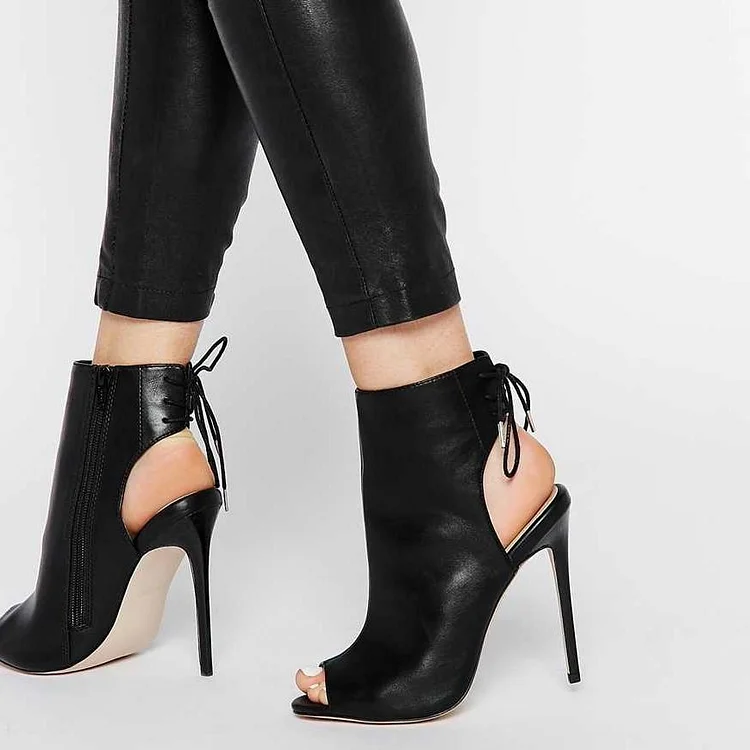 Black Peep Toe Booties Stiletto Heel Slingback Shoes for Women|FSJshoes
