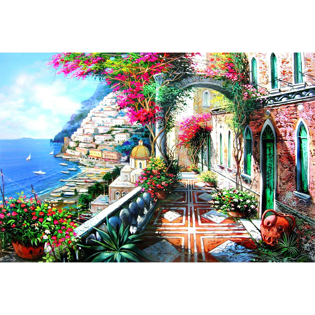 

40*30CM - Round Drill Diamond Painting - Seaside Architecture, 501 Original