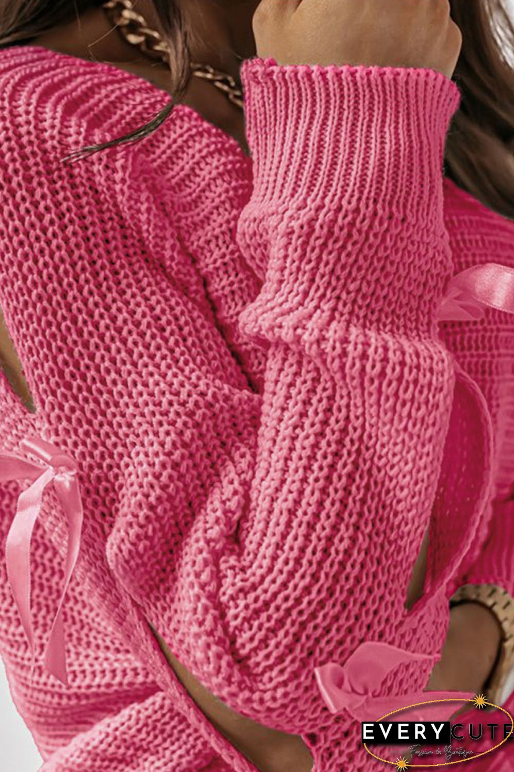 Rose Butterfly Applique Cutout Sleeves Pullover Sweater