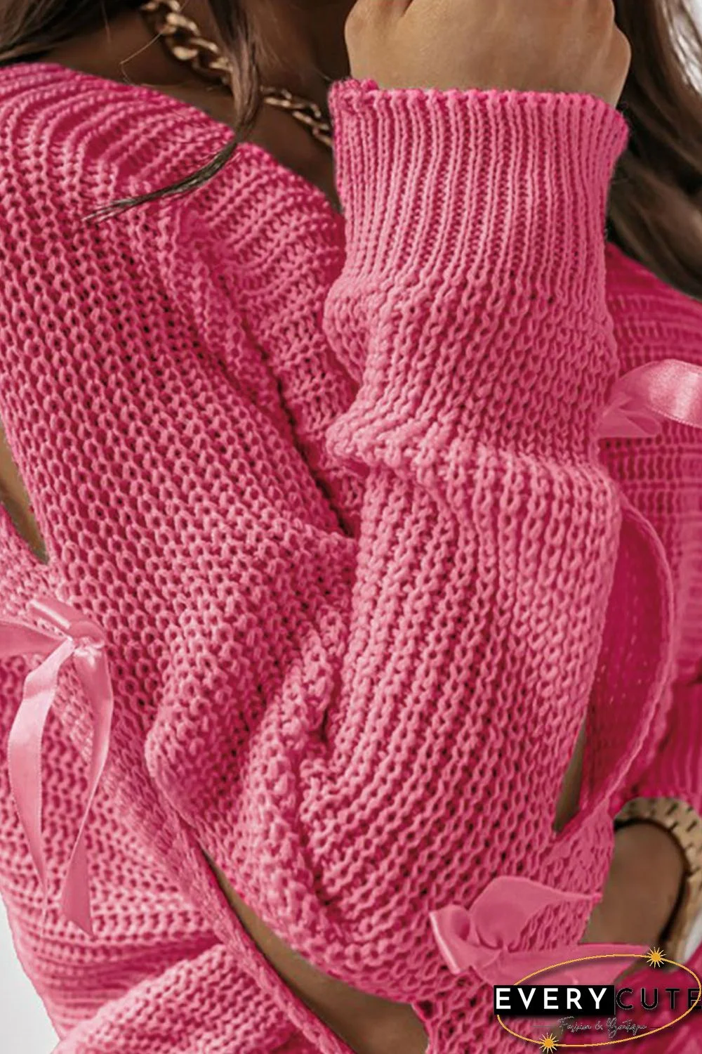 Rose Butterfly Applique Cutout Sleeves Pullover Sweater