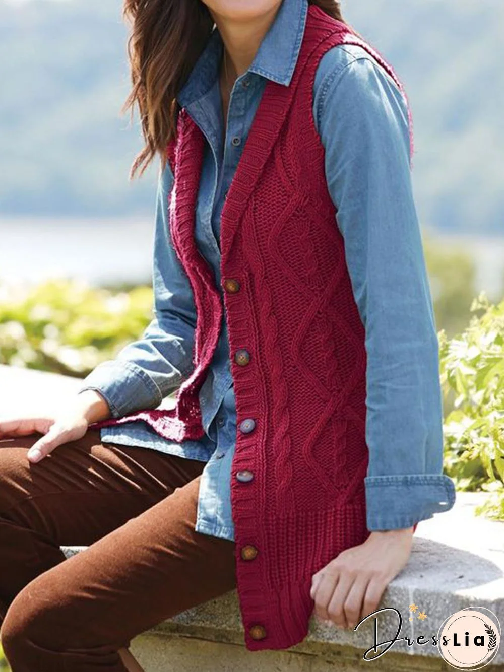 Red Plain Shawl Collar Casual Vest