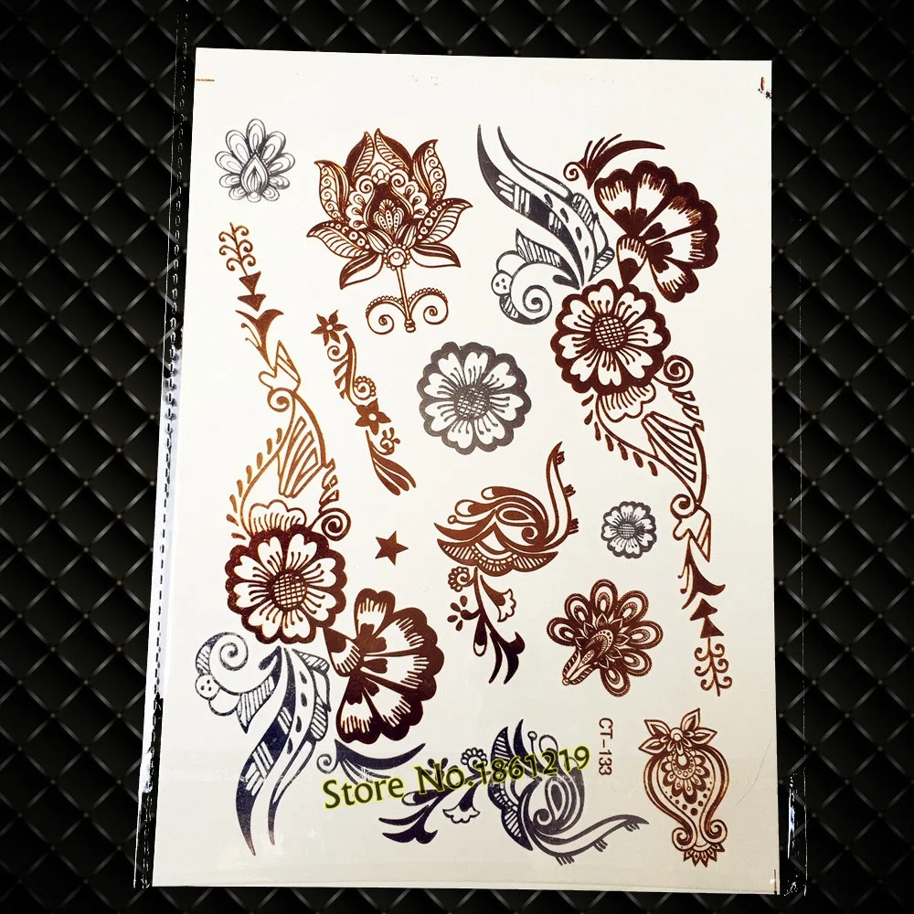 Sdrawing Shiny Metallic Tattoo Henna Gold Flower Body Art GCT166 Silver Lace Feather Tattoo Bracelet Flash Temporary Tattoo Stickers