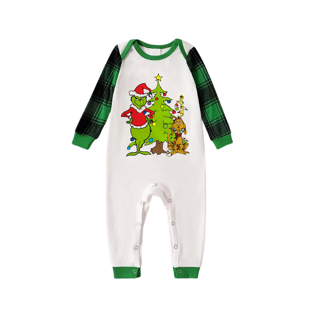 Cartoon Pattern and Christmad Tree Printed Green Plaid Long Sleeve Christmas Family Pajamas