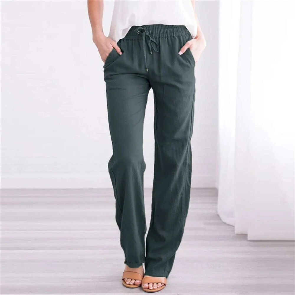 Women Summer Cotton Linen Pants Casual Loose Drawstring Wide-Leg Pants with Pocket Autumn High Waist Female Long Trouser Palazzo
