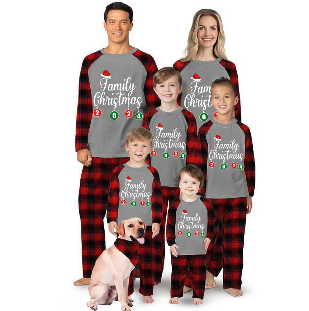"Family Christmas" 2024 Letter Print Black & Red Plaid Family Matching Grey Pajamas With Dog bandana