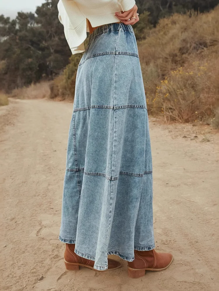 Women's Denim Skirt - A-Line Mid-Length Layered Design With Pleated Ruffle Hem, Mid-Rise Waist & Button-Accented Pockets | Machine-Washable Casual To Dressy Versatile Style For Spring Summer Fall, Jeans Skirt, Seasonal Wardrobe Staple, Structured Pleats