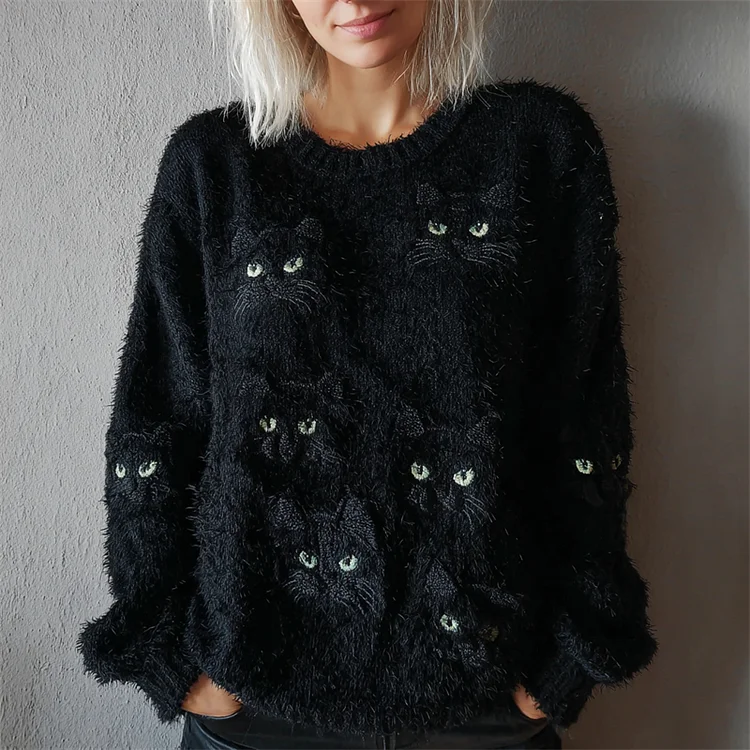 Halloween Black Cat Faces Cozy Fuzzy Sweater
