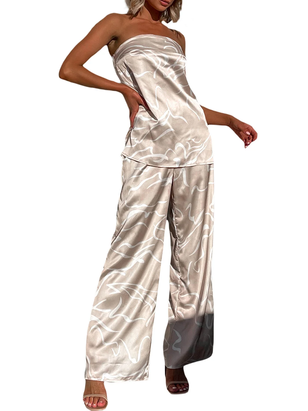 Women Pants Set, Lines Print Strapless Backless Tube Top with Pants Summer Outfit