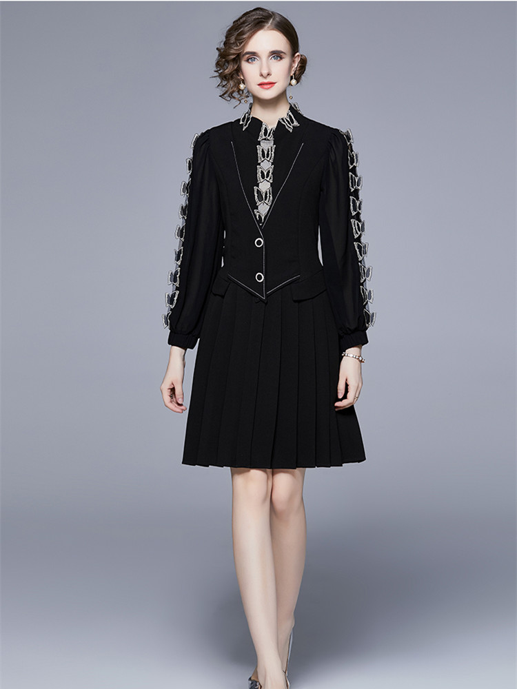 Autumn Winter Celebrity 3D Embroidery Butterfly Dress Women Black Lantern Sleeve All-Match One Piece Hollow Out Pleated Vestidos