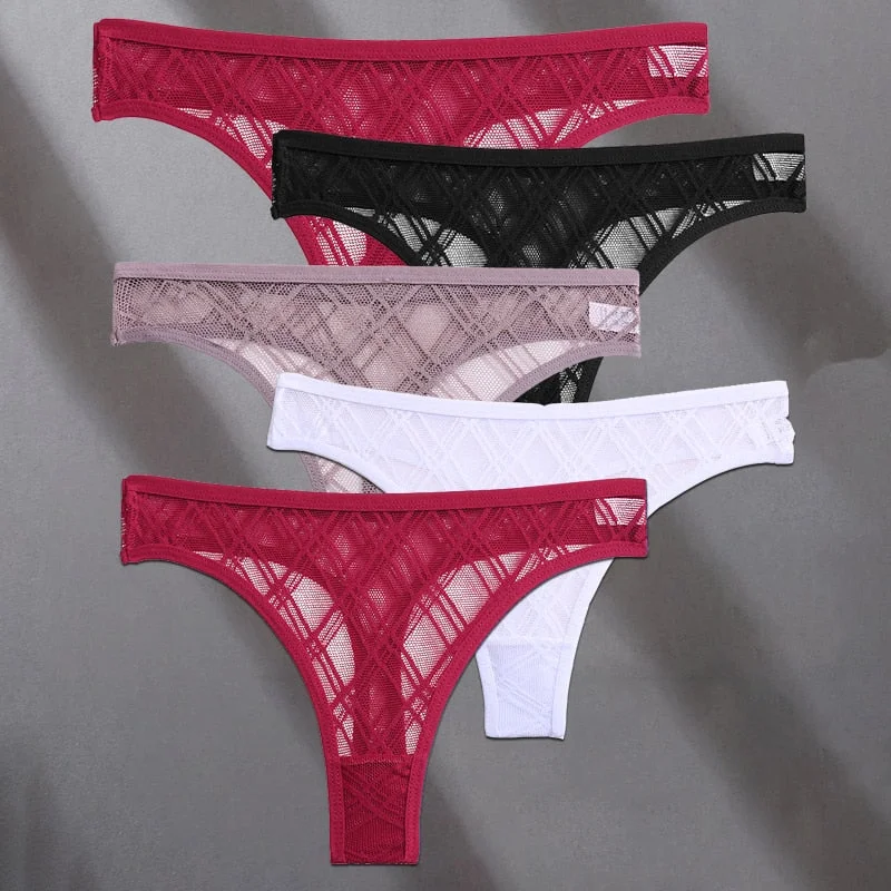 FINETOO 5PCS/Set Lace Sexy Women Thongs Floral Perspective G-string Lingerie Panties Low-Waist Femme Girls Underwear Mesh Pantys