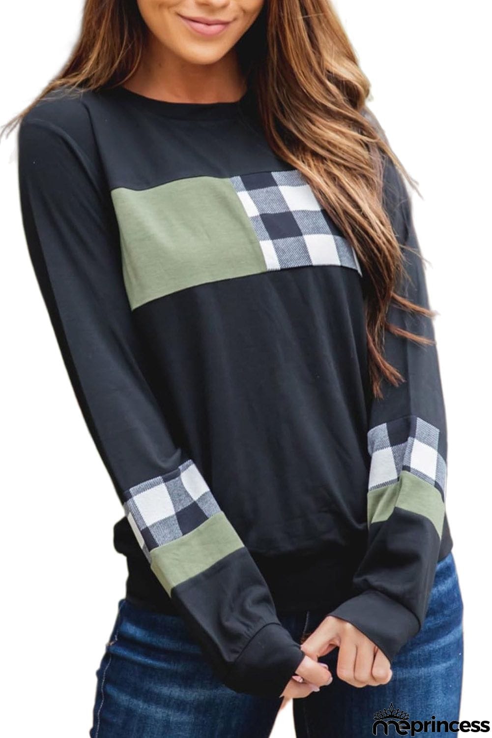 Plaid Splicing Color Block Long Sleeve Top